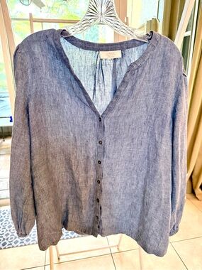 Linen  denim Blue Button-Front Women’s Top and embroidered sleeves